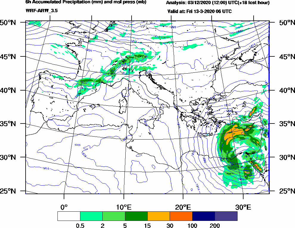 6h Accumulated Precipitation (mm) and msl press (mb) - 2020-03-13 00:00