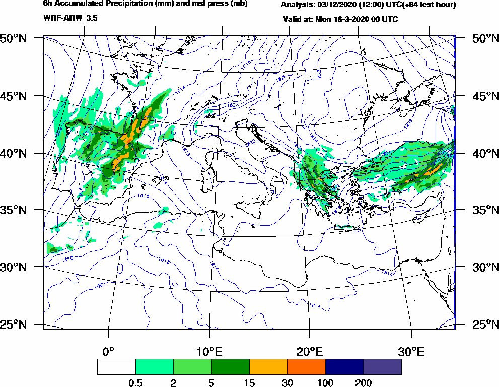 6h Accumulated Precipitation (mm) and msl press (mb) - 2020-03-15 18:00