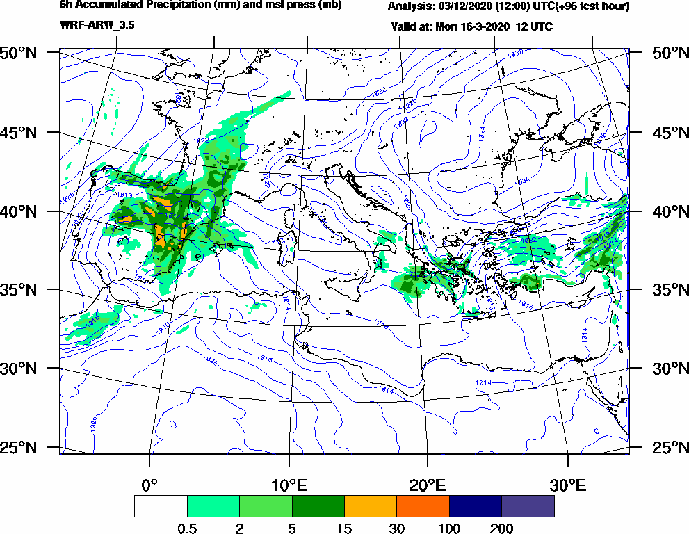 6h Accumulated Precipitation (mm) and msl press (mb) - 2020-03-16 06:00