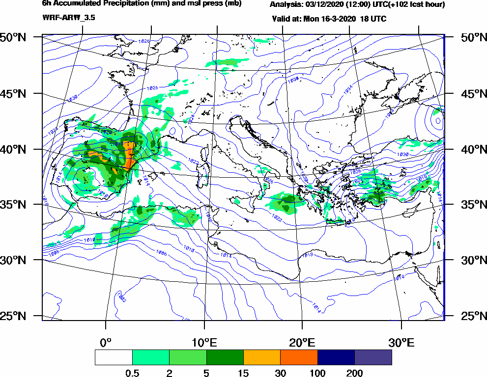 6h Accumulated Precipitation (mm) and msl press (mb) - 2020-03-16 12:00