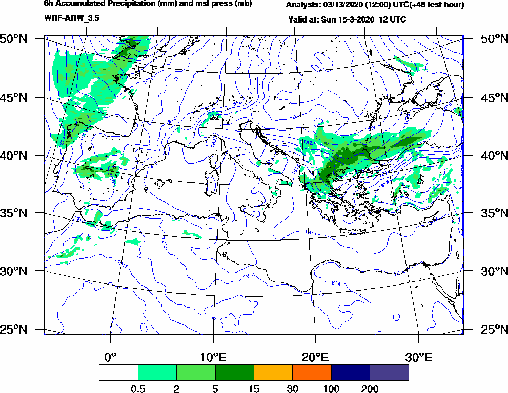 6h Accumulated Precipitation (mm) and msl press (mb) - 2020-03-15 06:00