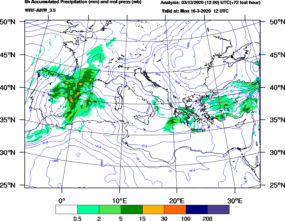 6h Accumulated Precipitation (mm) and msl press (mb) - 2020-03-16 06:00
