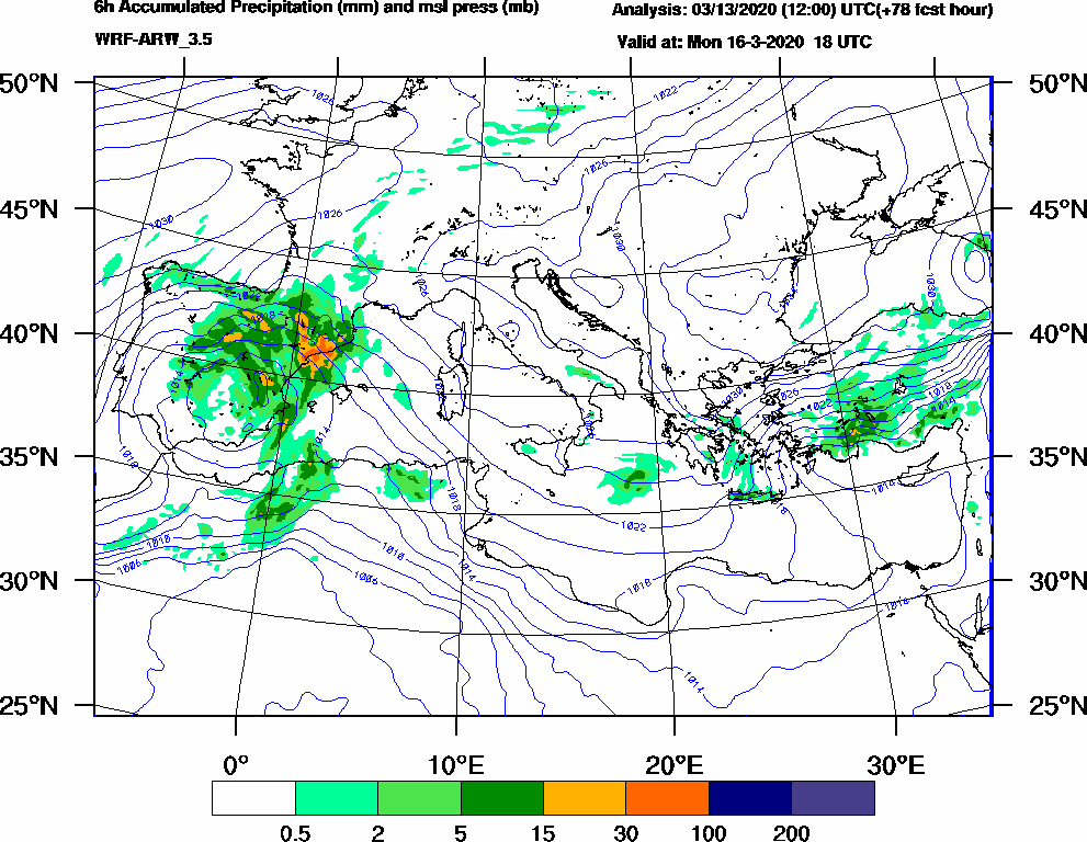 6h Accumulated Precipitation (mm) and msl press (mb) - 2020-03-16 12:00