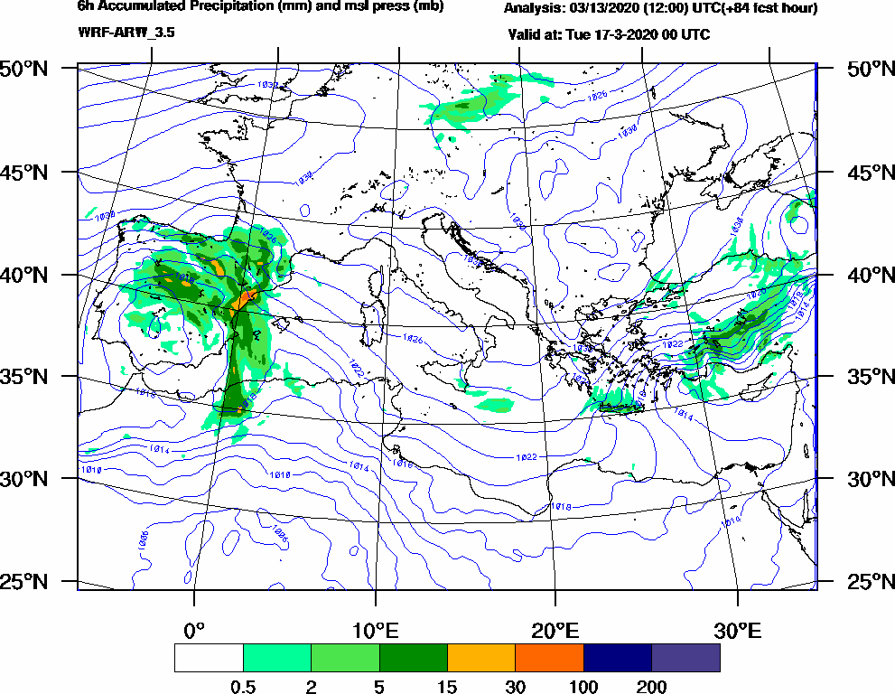 6h Accumulated Precipitation (mm) and msl press (mb) - 2020-03-16 18:00