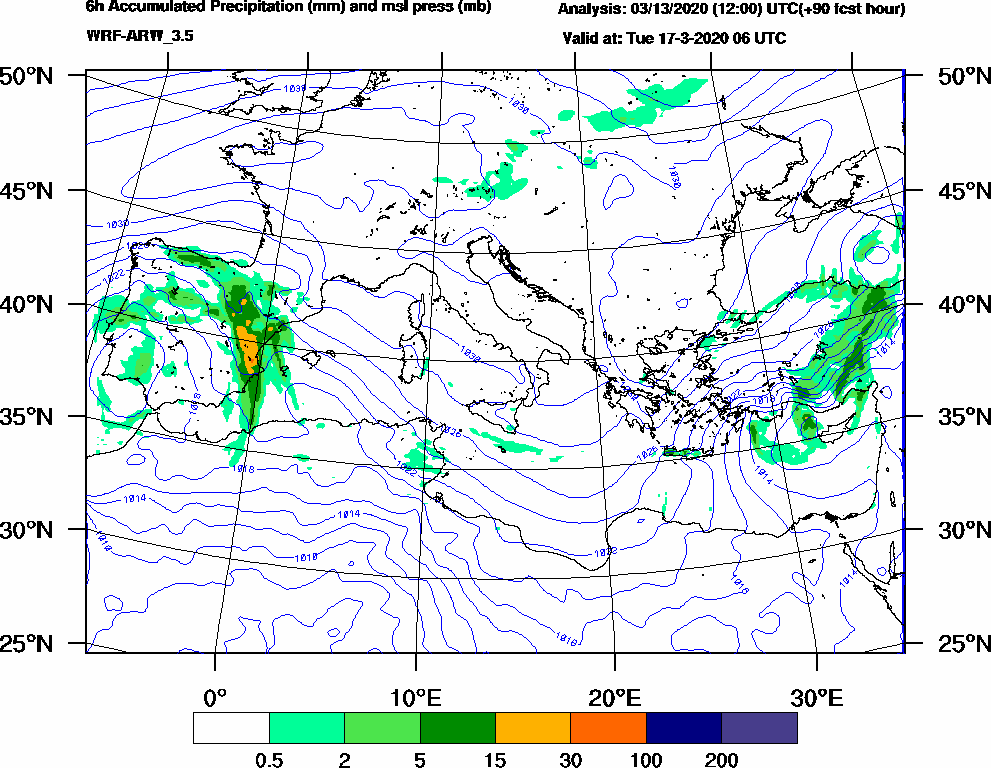 6h Accumulated Precipitation (mm) and msl press (mb) - 2020-03-17 00:00