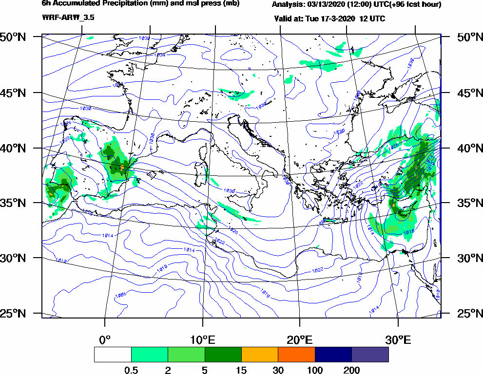 6h Accumulated Precipitation (mm) and msl press (mb) - 2020-03-17 06:00