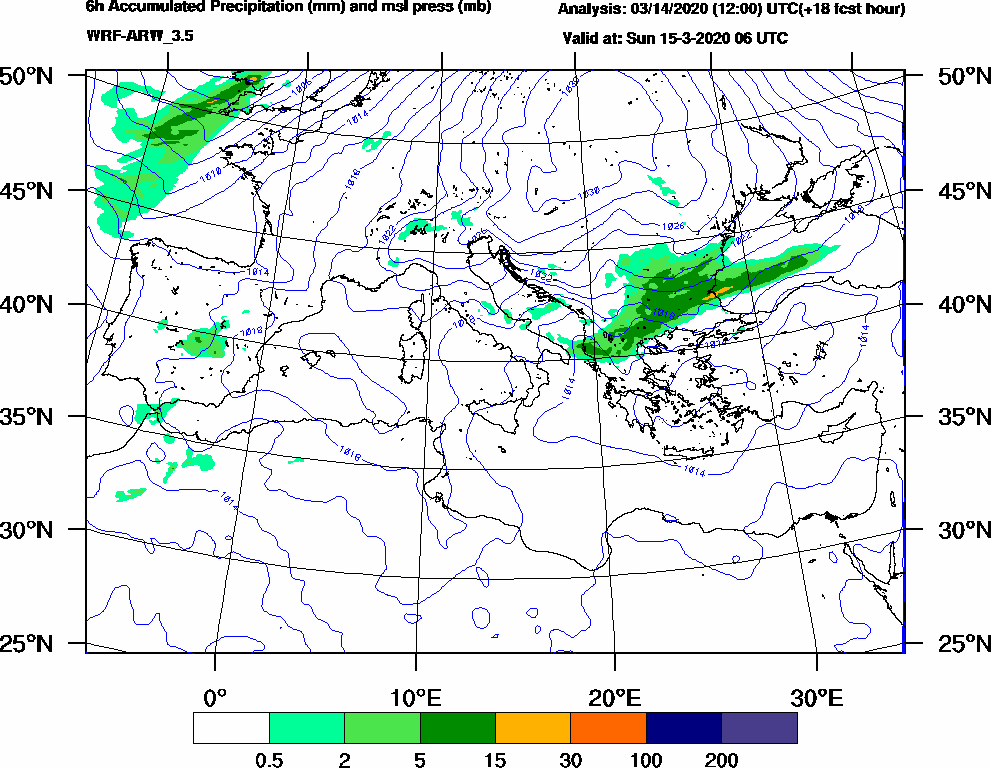 6h Accumulated Precipitation (mm) and msl press (mb) - 2020-03-15 00:00