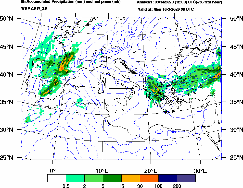 6h Accumulated Precipitation (mm) and msl press (mb) - 2020-03-15 18:00