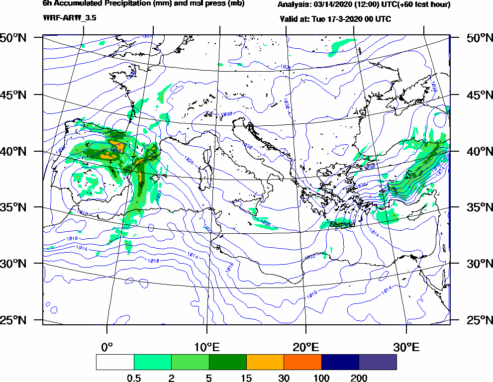 6h Accumulated Precipitation (mm) and msl press (mb) - 2020-03-16 18:00