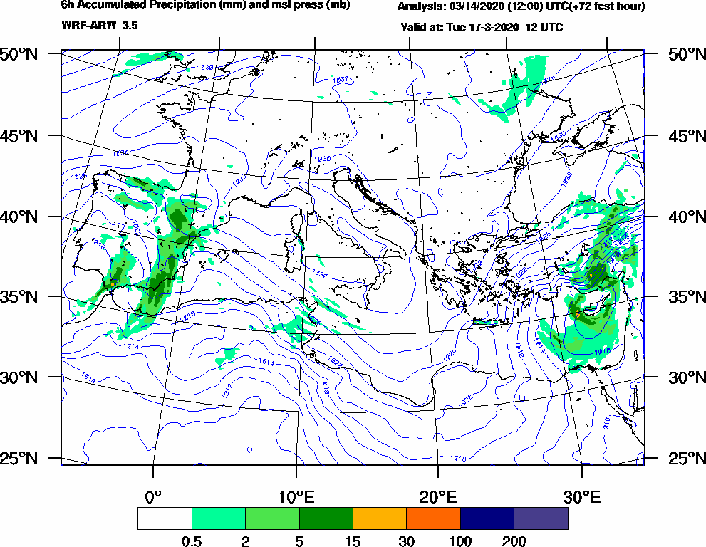 6h Accumulated Precipitation (mm) and msl press (mb) - 2020-03-17 06:00