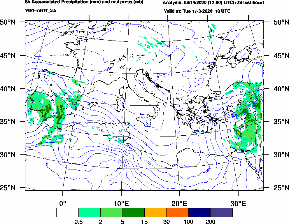 6h Accumulated Precipitation (mm) and msl press (mb) - 2020-03-17 12:00