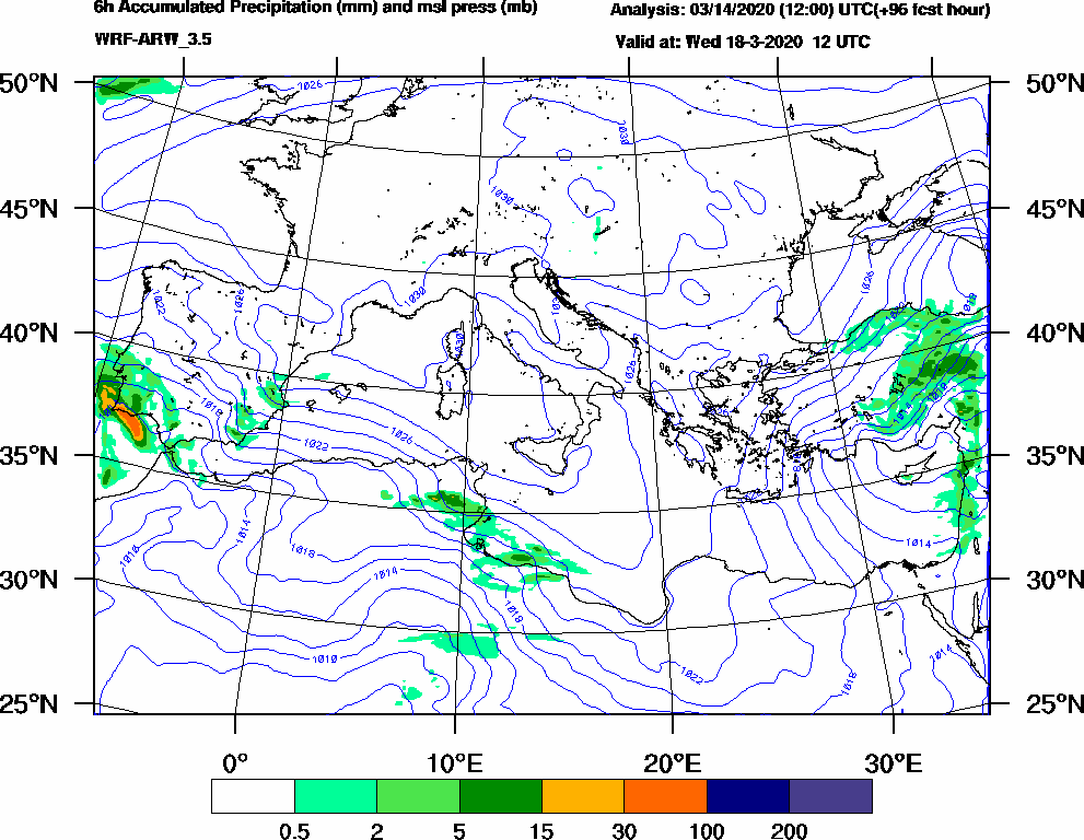 6h Accumulated Precipitation (mm) and msl press (mb) - 2020-03-18 06:00