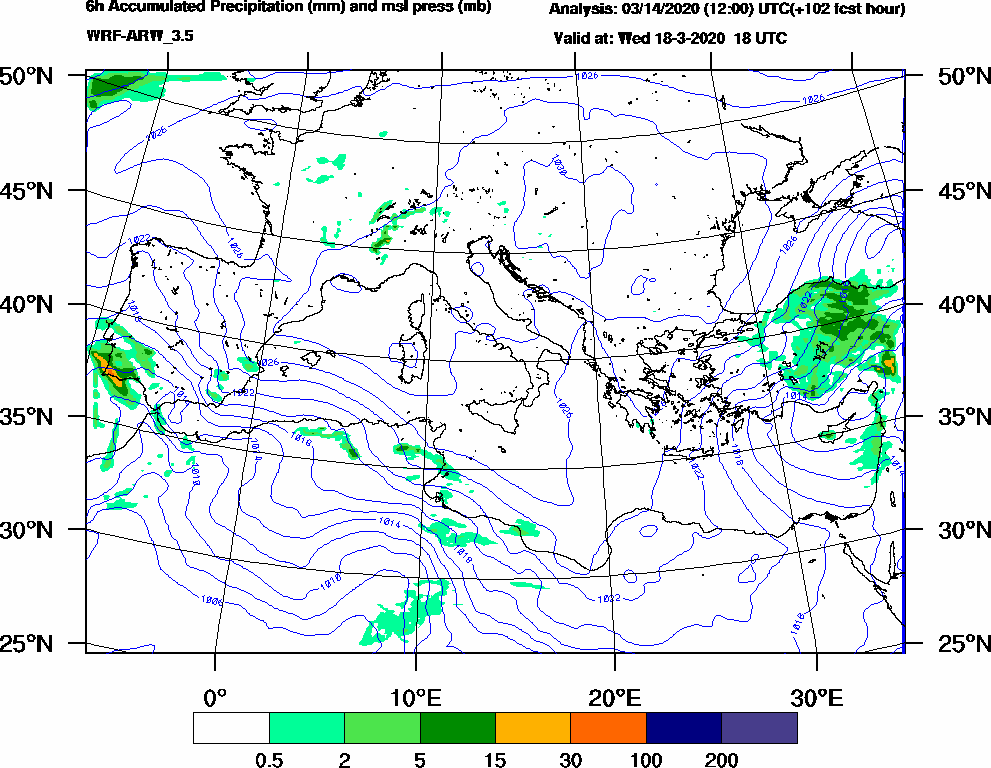6h Accumulated Precipitation (mm) and msl press (mb) - 2020-03-18 12:00