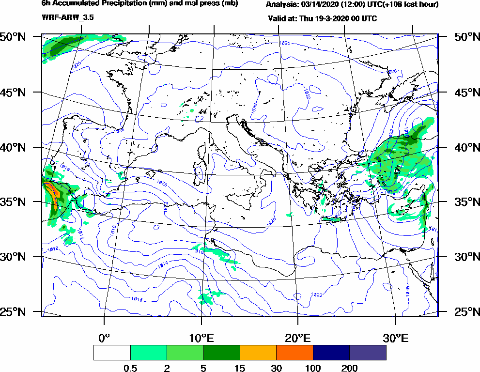 6h Accumulated Precipitation (mm) and msl press (mb) - 2020-03-18 18:00