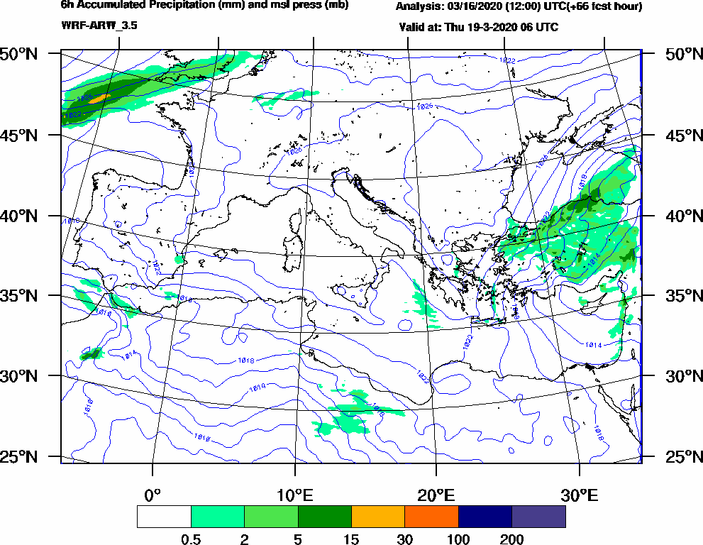 6h Accumulated Precipitation (mm) and msl press (mb) - 2020-03-19 00:00