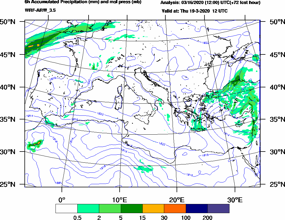 6h Accumulated Precipitation (mm) and msl press (mb) - 2020-03-19 06:00