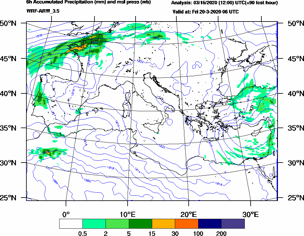 6h Accumulated Precipitation (mm) and msl press (mb) - 2020-03-20 00:00