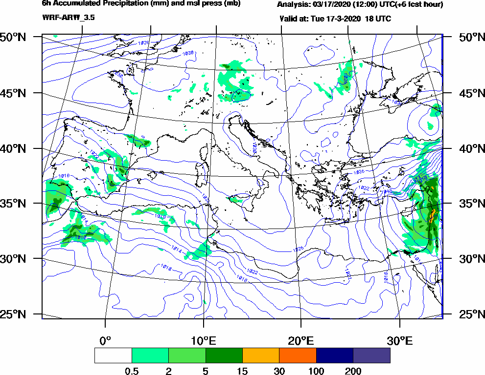 6h Accumulated Precipitation (mm) and msl press (mb) - 2020-03-17 12:00