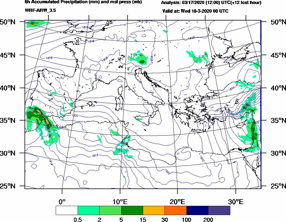 6h Accumulated Precipitation (mm) and msl press (mb) - 2020-03-17 18:00