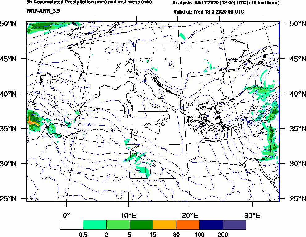 6h Accumulated Precipitation (mm) and msl press (mb) - 2020-03-18 00:00