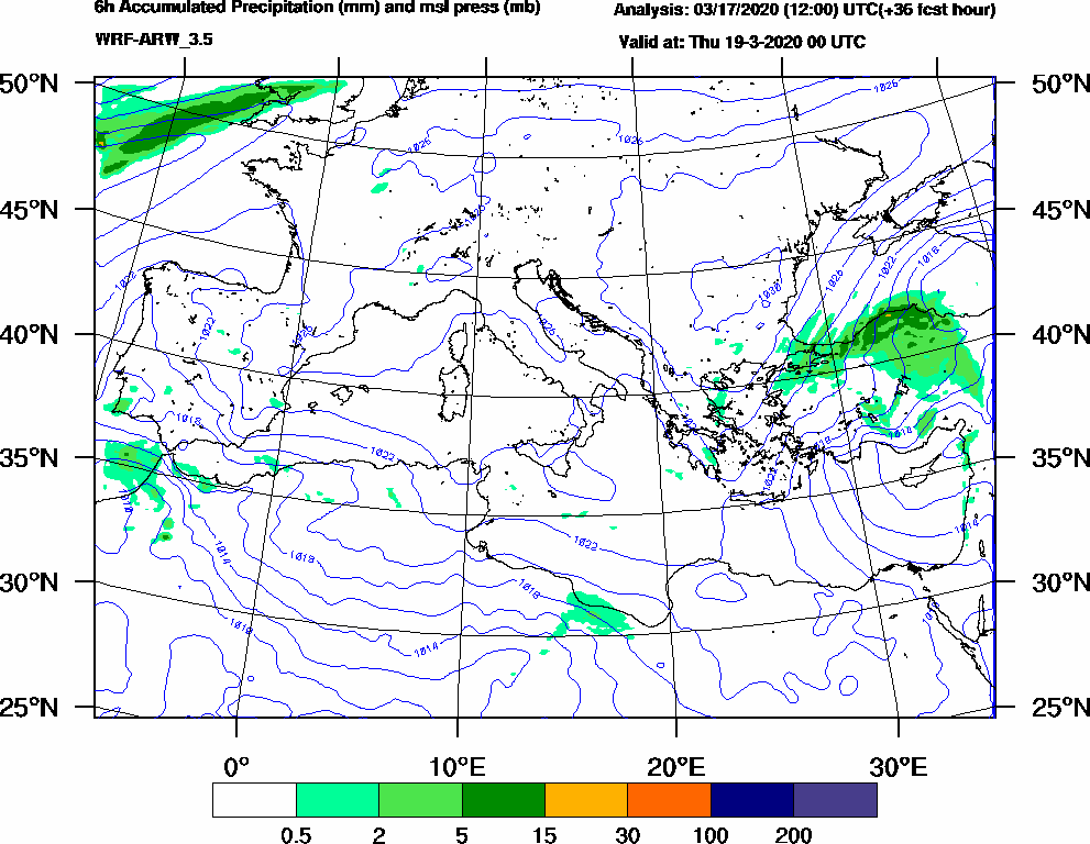 6h Accumulated Precipitation (mm) and msl press (mb) - 2020-03-18 18:00