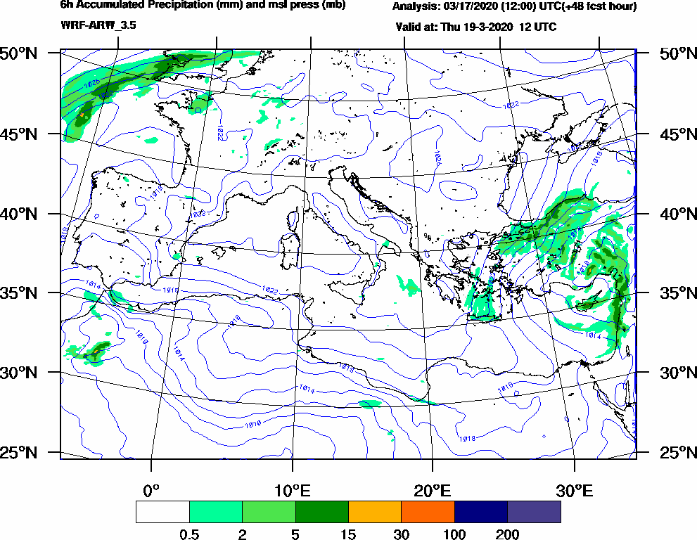 6h Accumulated Precipitation (mm) and msl press (mb) - 2020-03-19 06:00