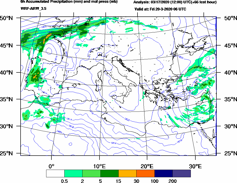 6h Accumulated Precipitation (mm) and msl press (mb) - 2020-03-20 00:00