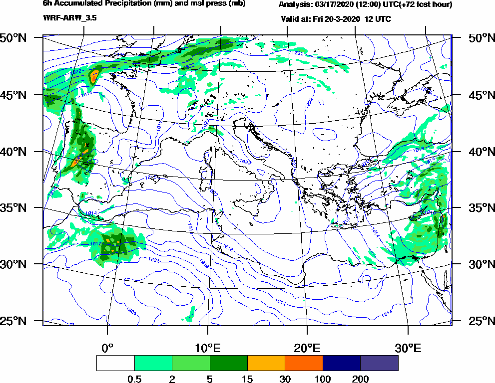 6h Accumulated Precipitation (mm) and msl press (mb) - 2020-03-20 06:00