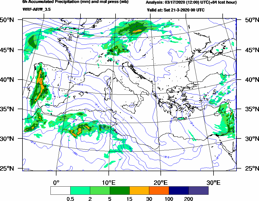 6h Accumulated Precipitation (mm) and msl press (mb) - 2020-03-20 18:00