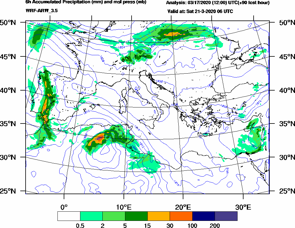 6h Accumulated Precipitation (mm) and msl press (mb) - 2020-03-21 00:00