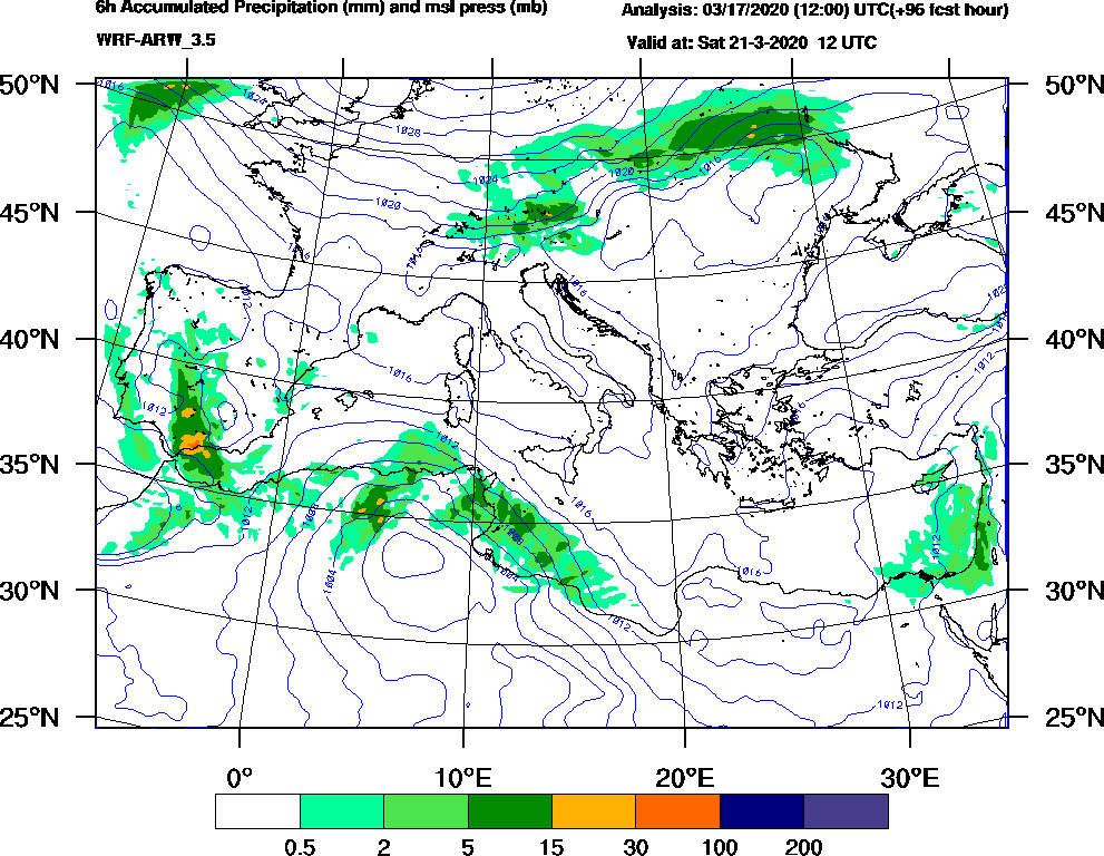 6h Accumulated Precipitation (mm) and msl press (mb) - 2020-03-21 06:00