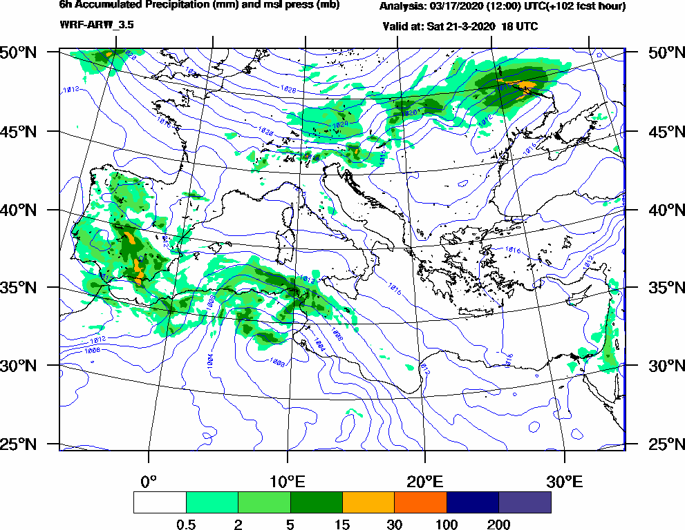 6h Accumulated Precipitation (mm) and msl press (mb) - 2020-03-21 12:00