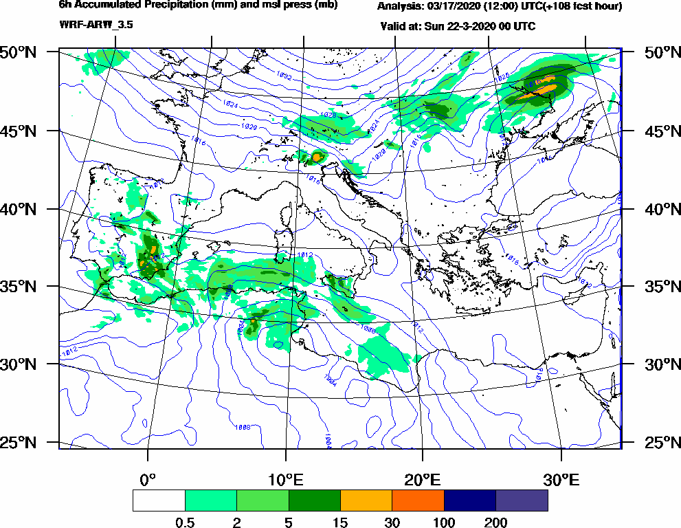 6h Accumulated Precipitation (mm) and msl press (mb) - 2020-03-21 18:00