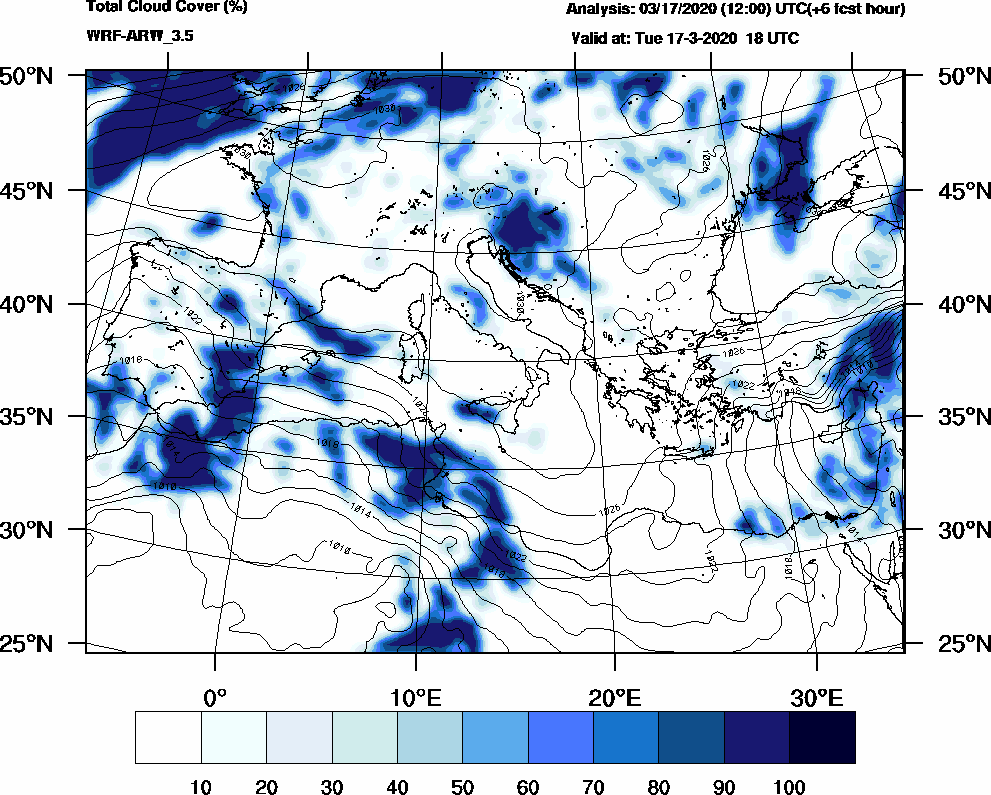 Total cloud cover (%) - 2020-03-17 12:00