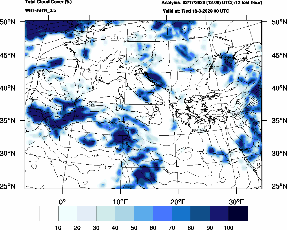 Total cloud cover (%) - 2020-03-17 18:00