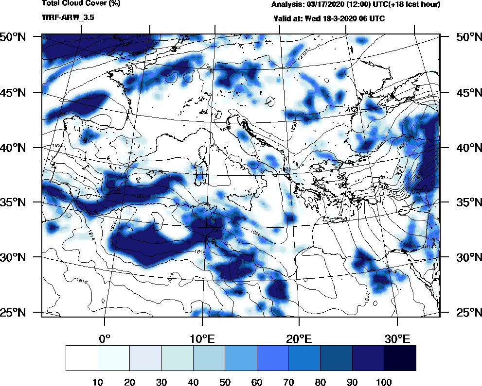 Total cloud cover (%) - 2020-03-18 00:00