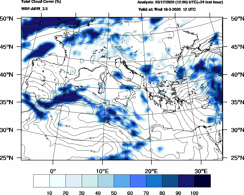 Total cloud cover (%) - 2020-03-18 06:00