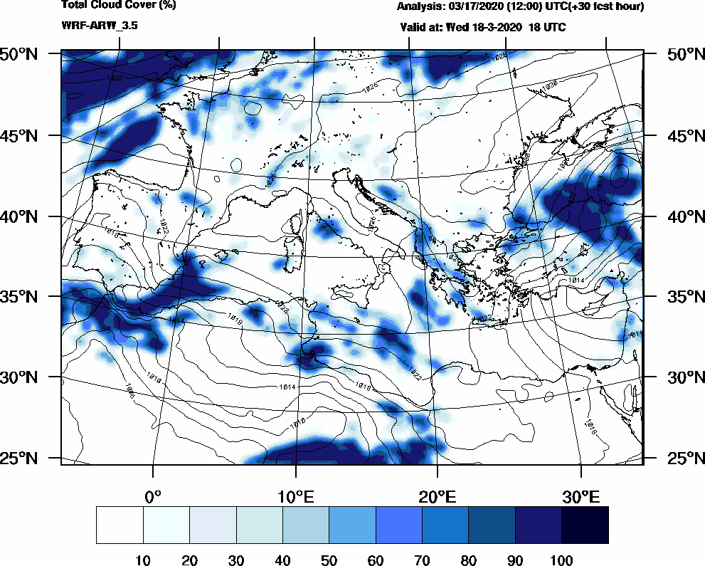 Total cloud cover (%) - 2020-03-18 12:00