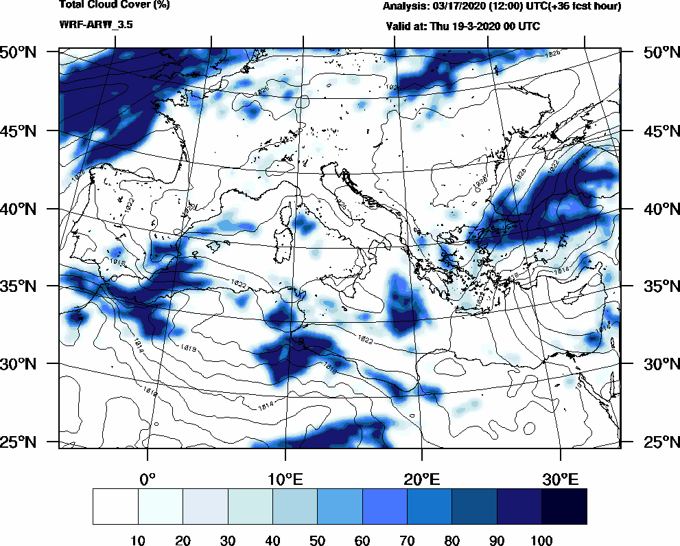 Total cloud cover (%) - 2020-03-18 18:00