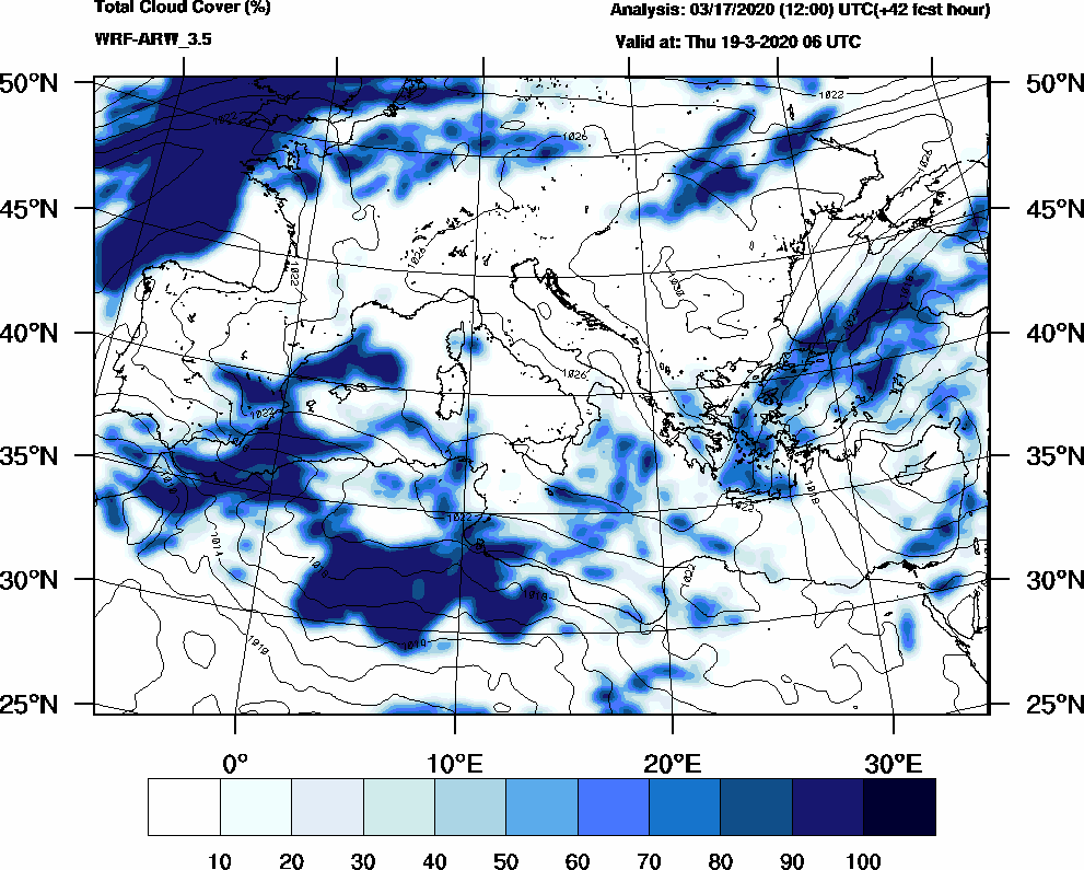 Total cloud cover (%) - 2020-03-19 00:00