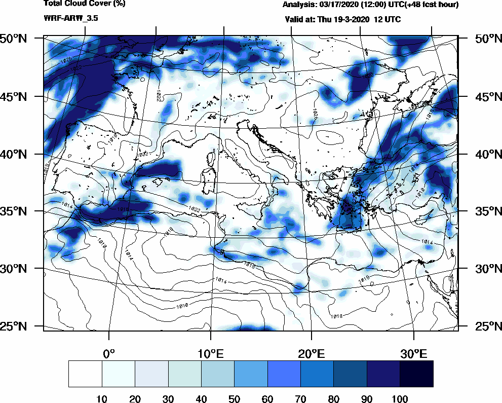 Total cloud cover (%) - 2020-03-19 06:00