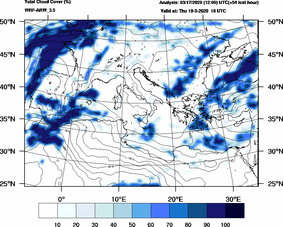 Total cloud cover (%) - 2020-03-19 12:00