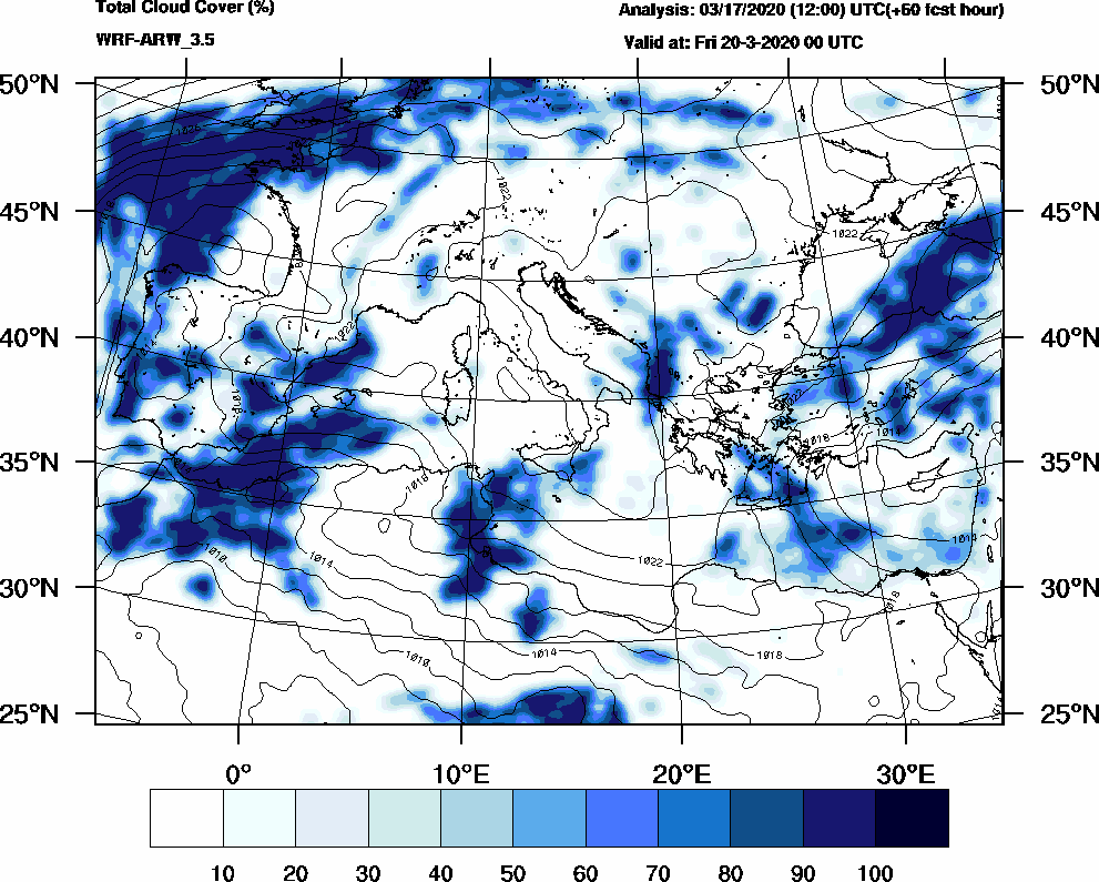 Total cloud cover (%) - 2020-03-19 18:00