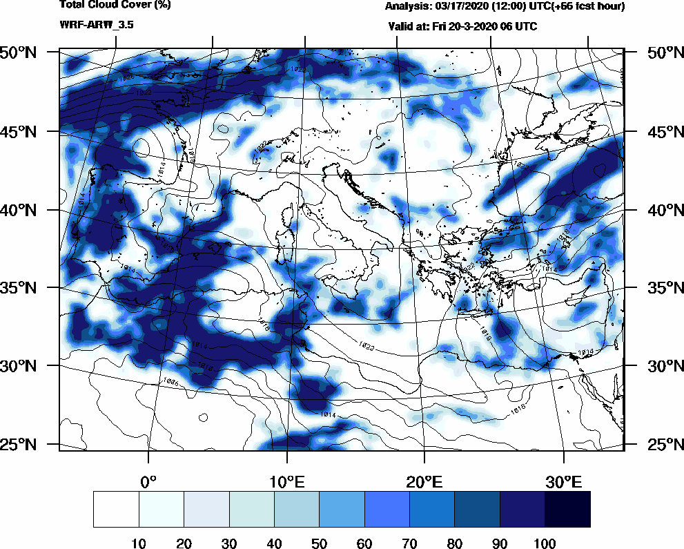 Total cloud cover (%) - 2020-03-20 00:00