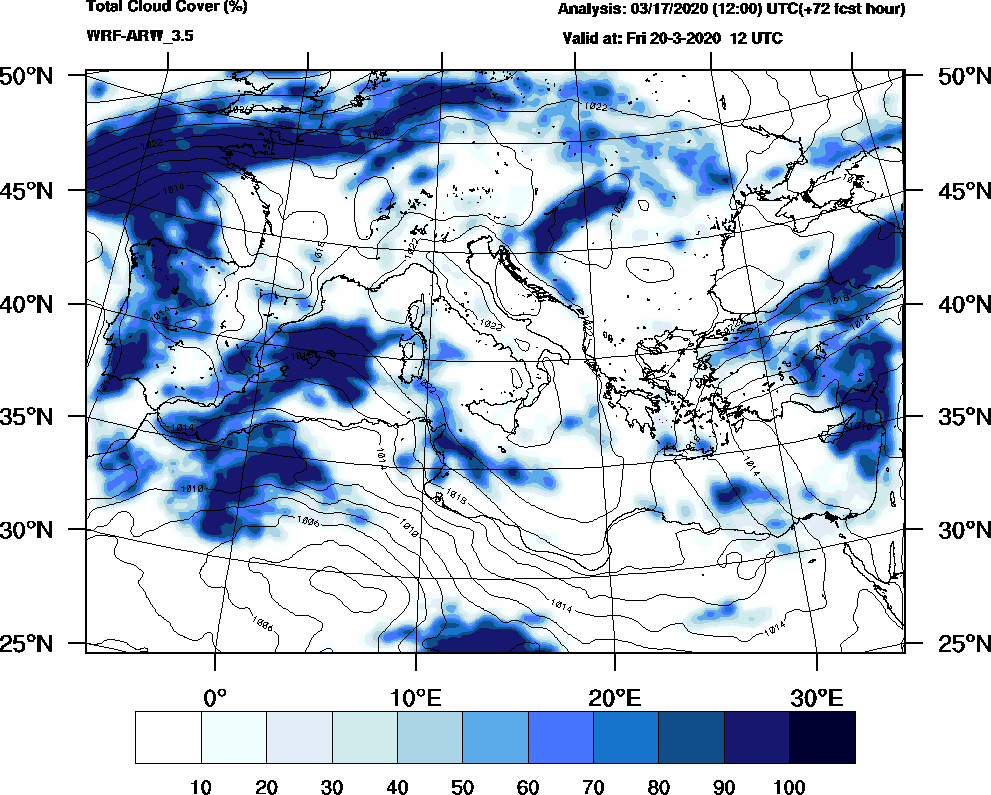 Total cloud cover (%) - 2020-03-20 06:00