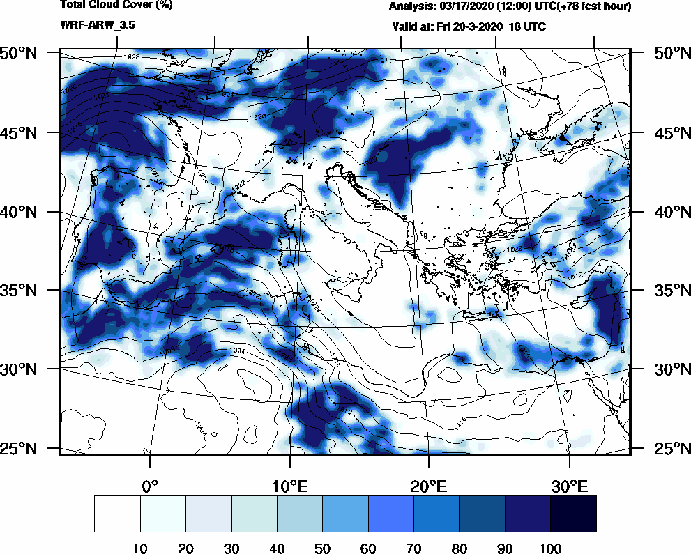 Total cloud cover (%) - 2020-03-20 12:00