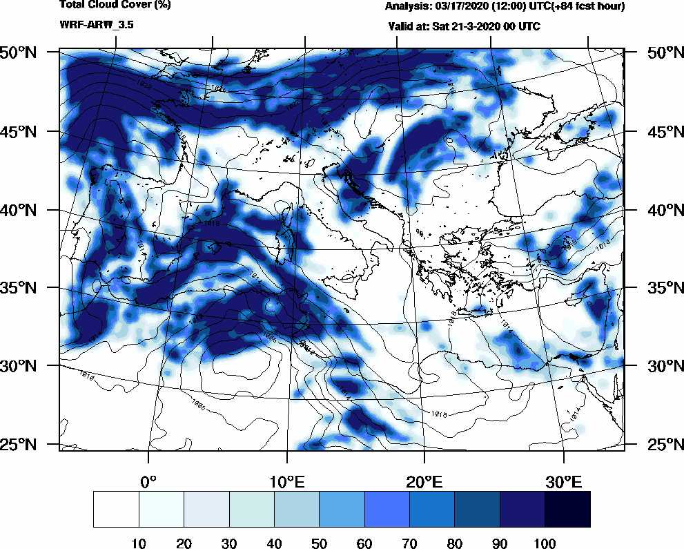 Total cloud cover (%) - 2020-03-20 18:00