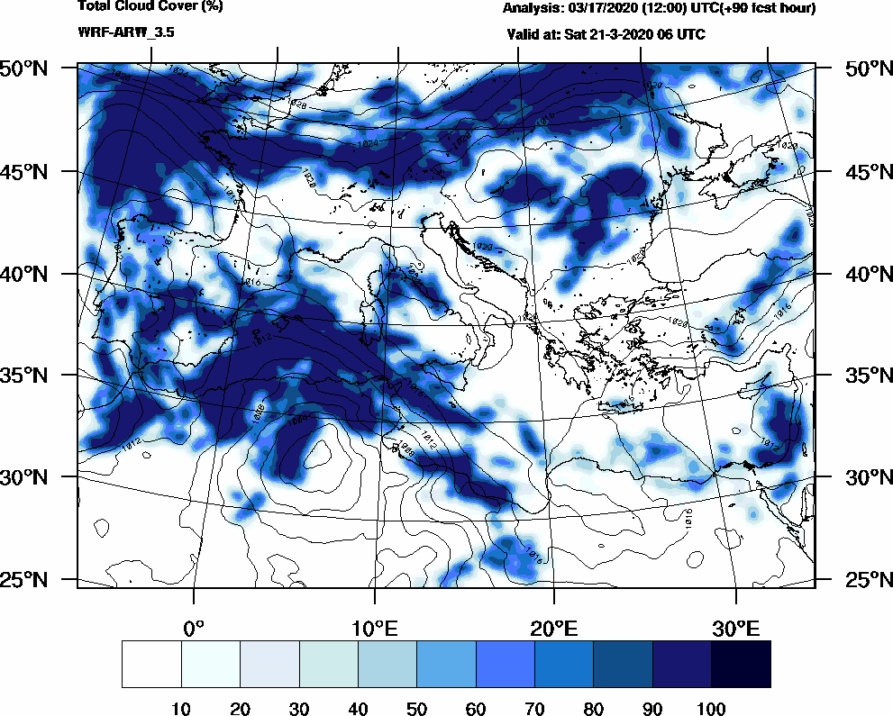 Total cloud cover (%) - 2020-03-21 00:00