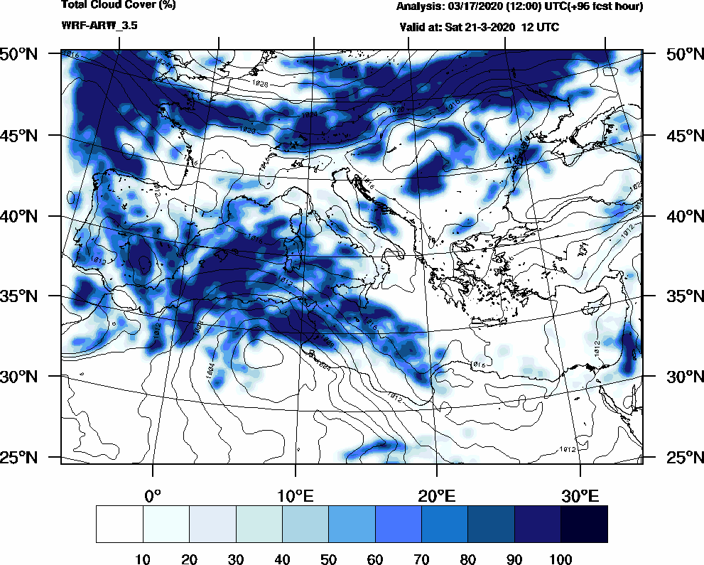 Total cloud cover (%) - 2020-03-21 06:00