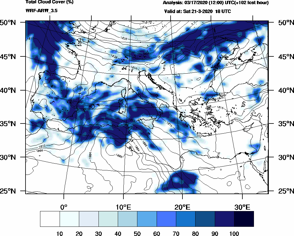 Total cloud cover (%) - 2020-03-21 12:00